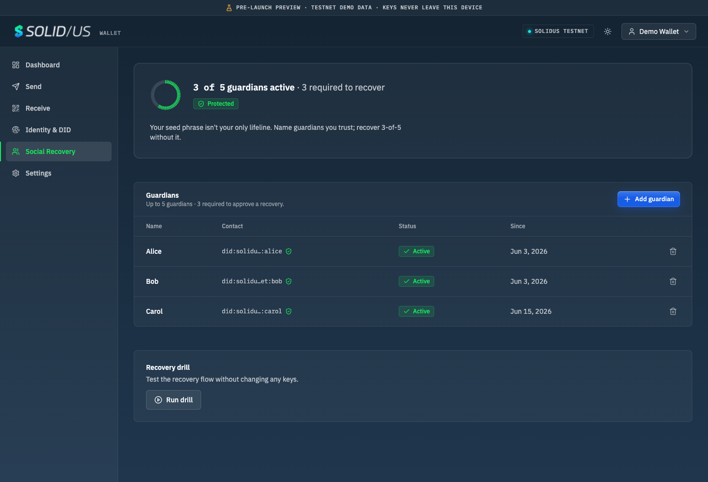 Social recovery — guardian dashboard with 3-of-5 threshold status