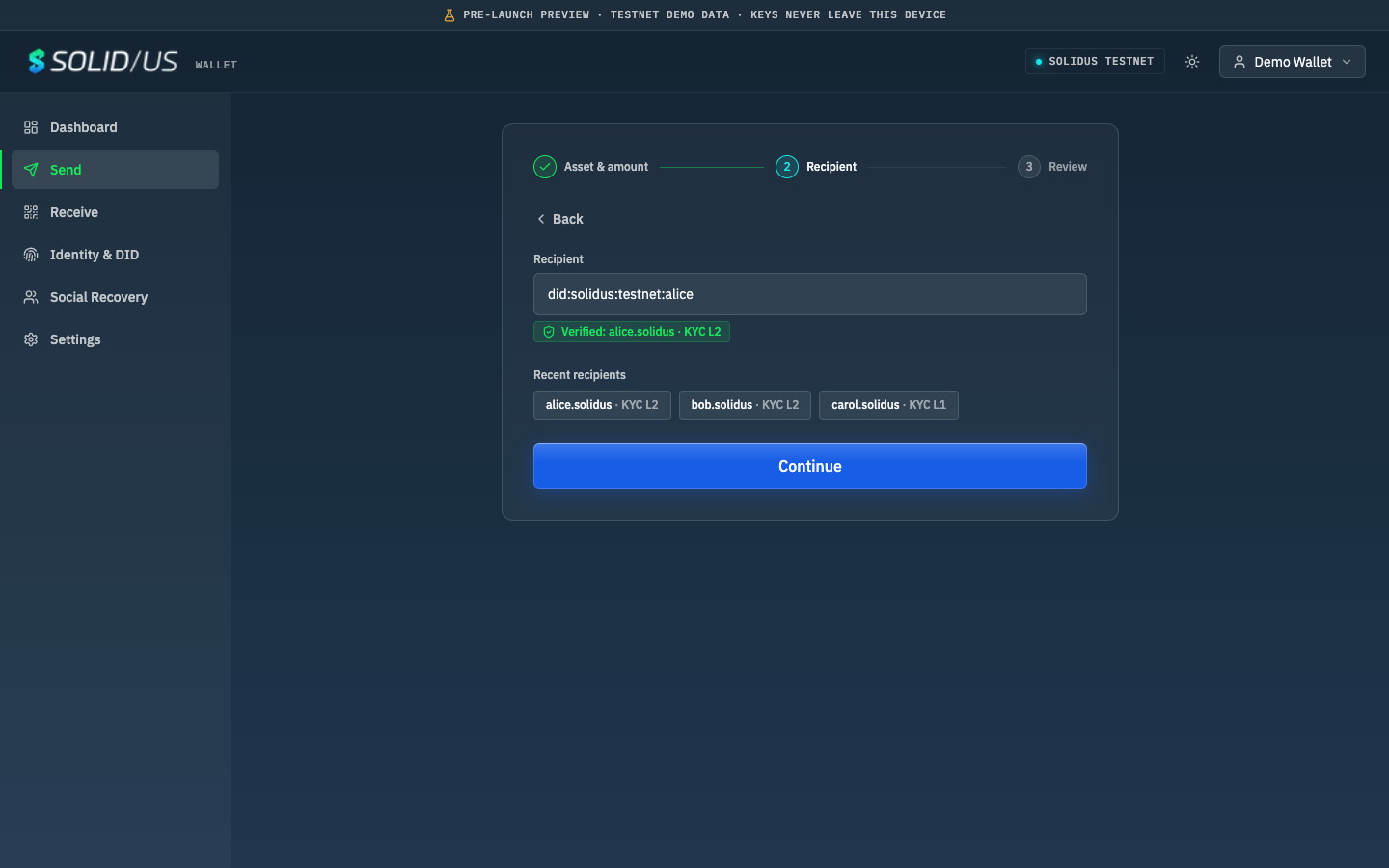 Send flow — a did:solidus recipient resolving to a verified identity
